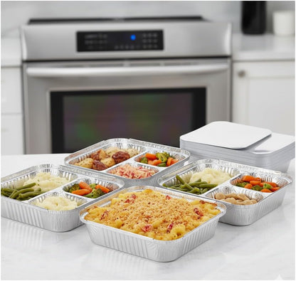 Disposable Aluminum Foil Tray with Paper Board Lids (Case of 250 sets) – L 8 1/2" x W 6 1/2" x H 1 1/2" 3-Compartment Foil Pan