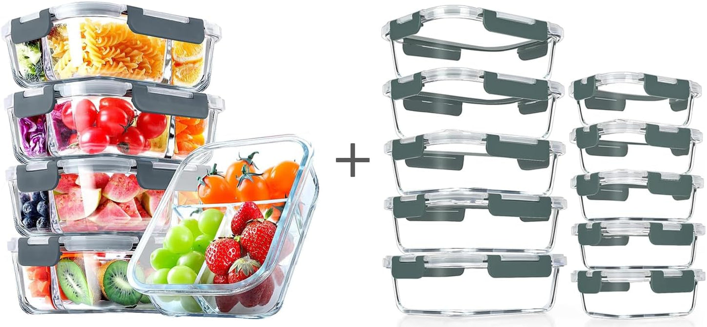 VERONES 5Pack 36OZ 3 Compartment Set and 10Pack Glass Meal Prep Containers, Airtight Lunch Containers, Glass Food Storage Containers with Lids, for Microwave, Oven, Freezer & Dishwasher Friendly