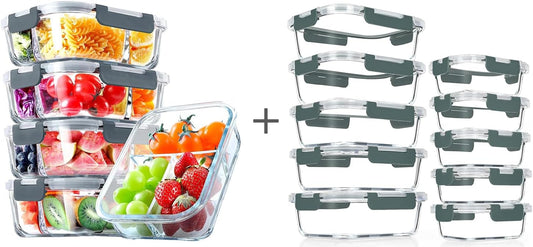VERONES 5Pack 36OZ 3 Compartment Set and 10Pack Glass Meal Prep Containers, Airtight Lunch Containers, Glass Food Storage Containers with Lids, for Microwave, Oven, Freezer & Dishwasher Friendly