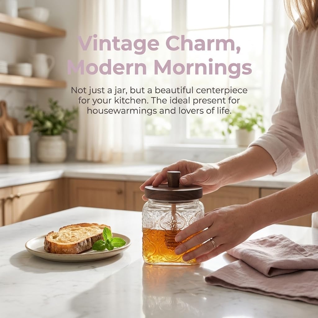 17 oz glass honey jar with wooden dipping spout and lid, sealed honey dispenser, kitchen wide mouthed honey pot, rural glass honey jar with dipping spout stick