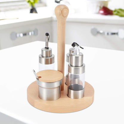 Cruet Set, Wood Condiment Spice Pepper Jar Box 5PCS Stainless Steel Plastic Oil Vinegar Salt Pepper Condiment Dispensers Set with Spoon (square wooden frame)