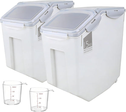 2 Pack Food Storage Container Bin 25Lb, 2 × 15L Airtight Rice Storage Containers with 2 Measuring Cups,Food Containers with Wheels Seal Locking Lid,For Flour | Rice | Sugar | Grain | Dog Cat Pet Food