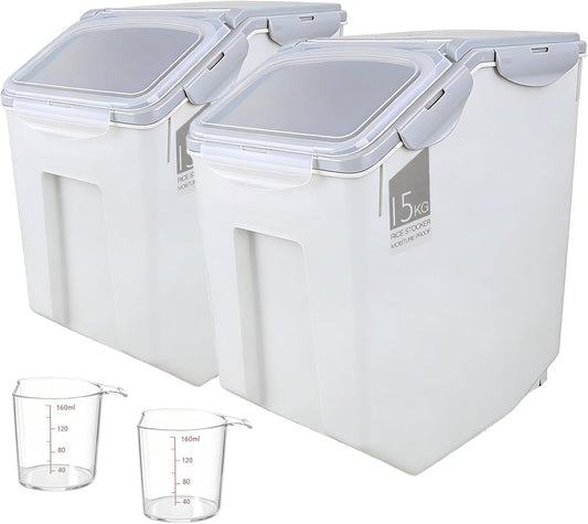 2 Pack Food Storage Container Bin 25Lb, 2 × 15L Airtight Rice Storage Containers with 2 Measuring Cups,Food Containers with Wheels Seal Locking Lid,For Flour | Rice | Sugar | Grain | Dog Cat Pet Food