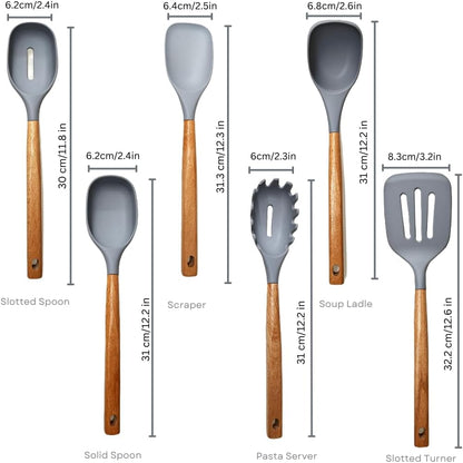 Green Silicone Kitchen Utensil Set – 10-Piece Cooking Tools with Wooden Handles & Ventilated Bamboo Holder, Heat-Resistant Silicone, Nonstick Safe, BPA-Free Kitchen Gadgets Set – Sage Green