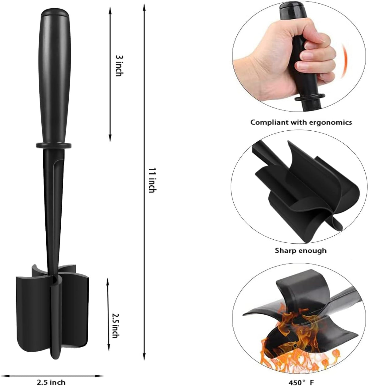 Meat Chopper, Premium Heat Resistant Meat Masher, 5 Blades Ground Beef Masher, Dishwasher Safe, Non Stick Hamburger Smasher, Nylon Potato Masher, Black