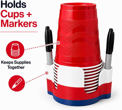 Party Cup Dispenser with Marker Holder – Stackable Plastic Cup Organizer for Parties, Events, BBQs, Picnics, Graduations & Drink Stations, Cup and Marker Caddy, Black (Red)