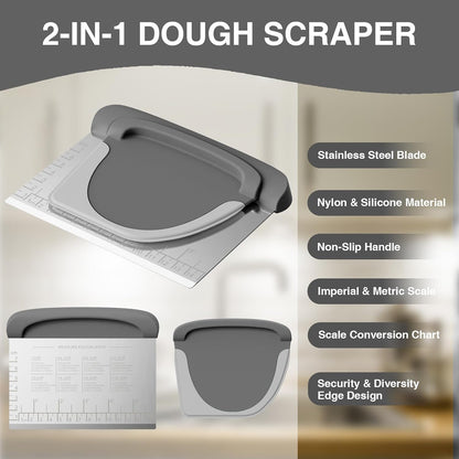 Bench Scraper Dough Cutter Tool - Bowl Pastry Scraper for Bread Cake Pizza, Bench Knife Kitchen Dough Scraper for Baking, Stainless Steel Food Scraper with Grip Handles & Measuring Scal, Blue