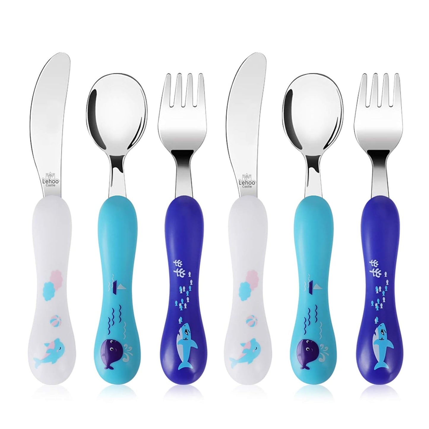 Lehoo Castle 6 Pieces Toddler Utensils, Kids Silverware for 2 3 4 Years Old, Stainless Steel Fork and Spoon Set with Plastic Handle, Safe Toddler Cutlery (Dinosaur)