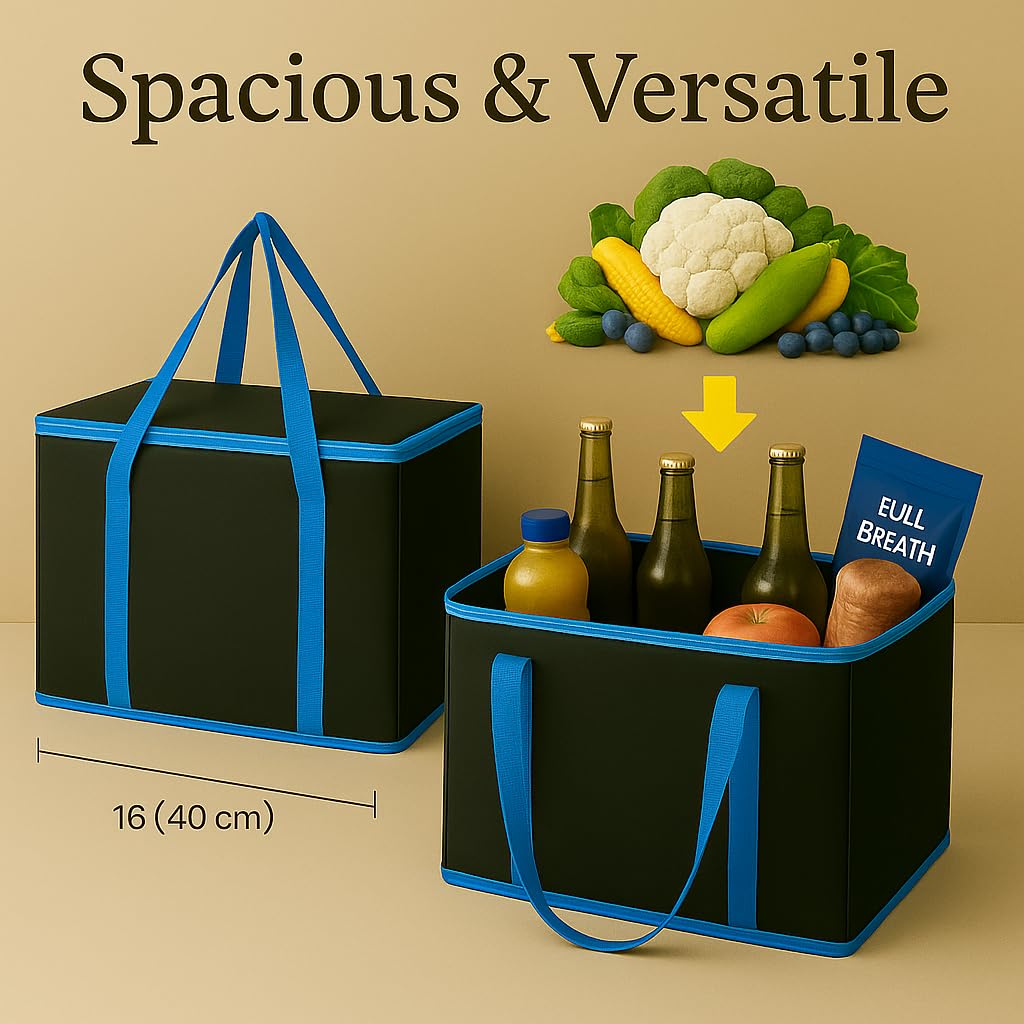 musbus 2-Pack, XL-Large Insulated Grocery Shopping Bags, Black, Reusable Bag,Thermal Zipper,Collapsible,Tote,Cooler,Food Transport hot and Cold,Camping
