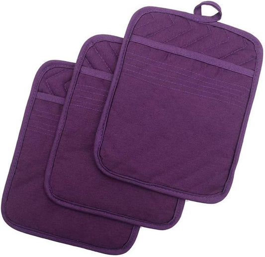 Anyi Pot Holders for Kitchen Heat Resistant, Cotton Hot Pads for Counter Table, Purple Kitchen Pot Holders with Pocket