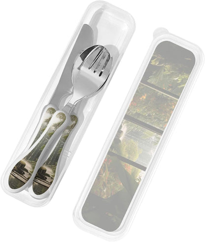 3-Piece Kids Silverware Set With Storage Case, Stainless Steel Reusable Children Safe Knife Spoon Fork Set Blue Active Girl Running Sunset Children Flatware Set For Kids Lunch Box - Colors C