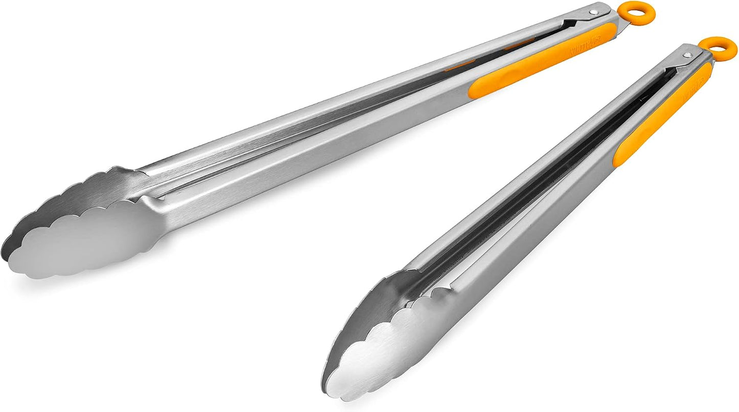 304 Stainless Steel Kitchen Cooking Tongs, 9" and 12" Set of 2 Sturdy Grilling Barbeque Brushed Locking Food Tongs with Ergonomic Grip, Black