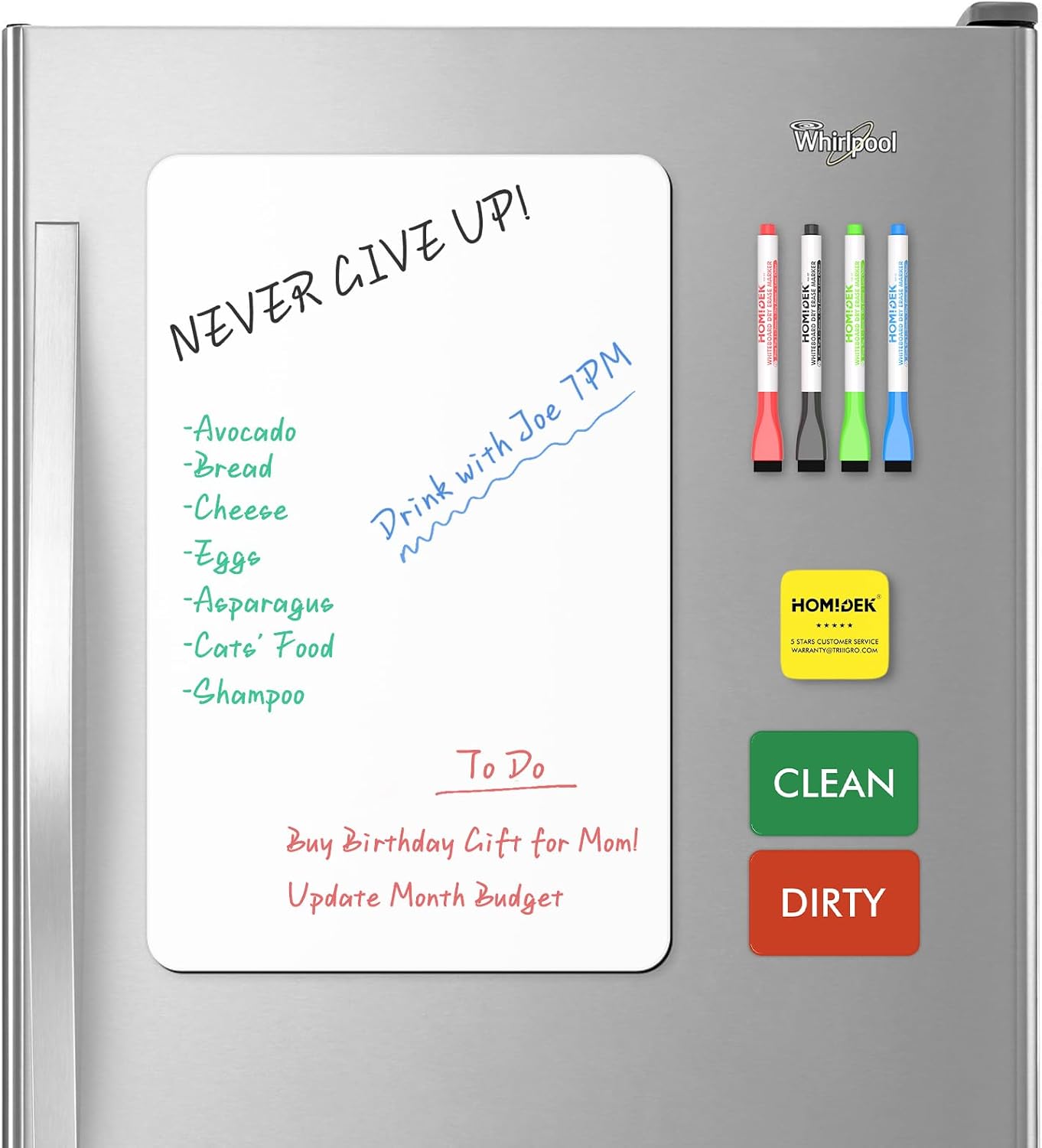 HOMiDEK Magnetic Dry Erase Board: Small Fridge Whiteboard, Flexible Refrigerator Magnet White Board, Blank Writing Note Sheet with Kitchen Conversion Chart Magnet, 4 Markers & Eraser - 12 x 8