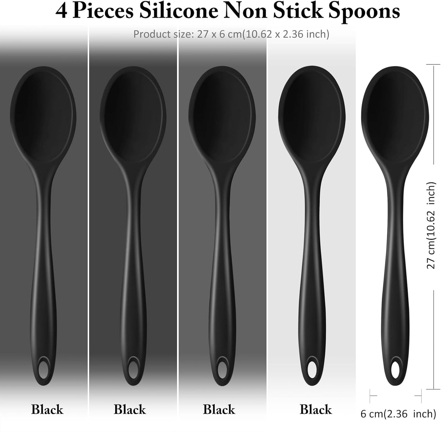 Shappy 4 Pieces Silicone Cooking Spoons 10.6 Inch Heat Resistant Kitchen Spoons for Mixing, Serving and Stirring Upgrade Large Non Stick Basting Utensils, Dishwasher Safe(Spoon,Fashionable Color)