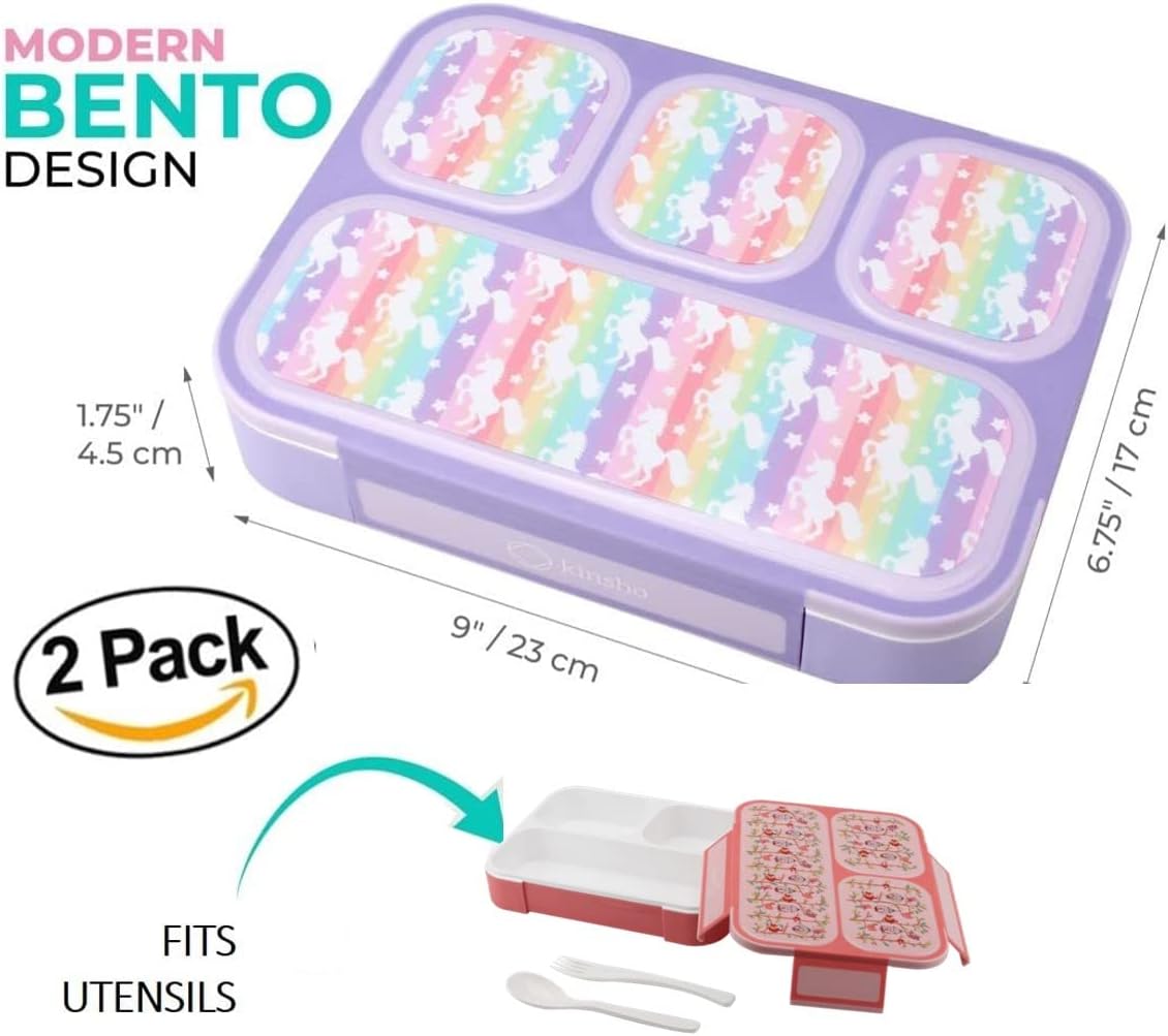 Bento Lunch Box for Kids or Adults, Snack Containers for Boys, Girls, School Daycare Work, 3 Divided Compartments Meal Planning Portion Control, BPA-Free Boxes, Utensils | Blue Purple 2 pack