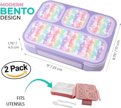 Bento Lunch Box for Kids or Adults, Snack Containers for Boys, Girls, School Daycare Work, 3 Divided Compartments Meal Planning Portion Control, BPA-Free Boxes, Utensils | Blue Purple 2 pack