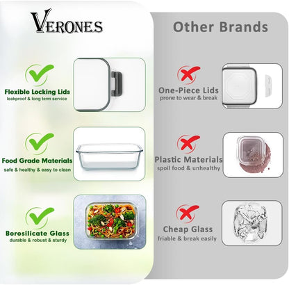 VERONES 30 Pieces Glass Meal Prep Containers Set, Stackable Glass Food Storage Containers with Lids-Airtight Lunch Containers，for Microwave, Oven, Freezer & Dishwasher,Grey