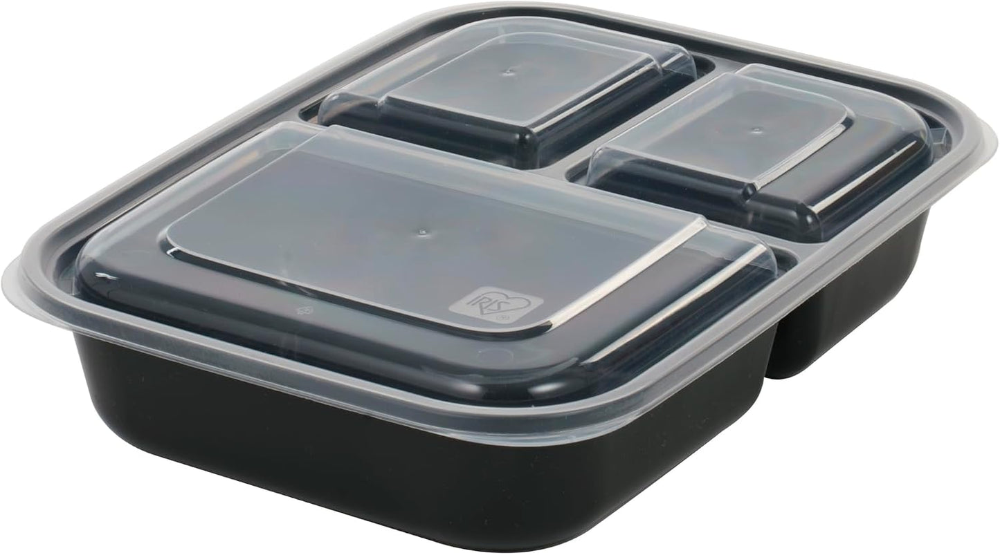IRIS USA Meal Prep Containers, 36oz - 50 Pack (100-Piece) 3-Compartment Reusable Food Storage Containers with Lids, Plastic Kitchen Food Prep To Go Lunch Box, Microwave Freezer Dishwasher Safe, Black