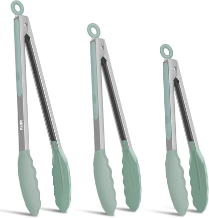 Kitchen Tongs, Stainless Steel Cooking Tongs with Silicone Tips, 600ºF High Heat-Resistant Non Scratch Locking Tongs for Cooking BBQ Grilling Air Fryer Pans, Set of 3 (7" 9" and 12") Black
