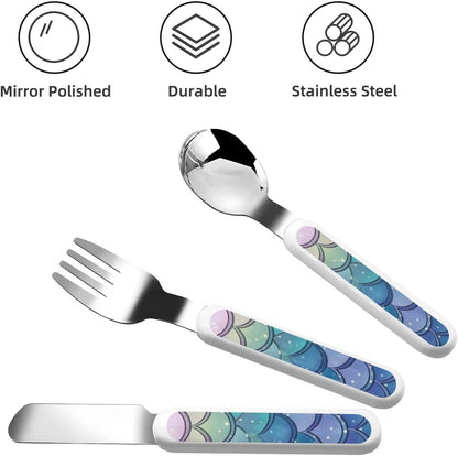 3-Piece Children Utensils Set Water Lily Mermaid Scales Knife Spoon Fork Set Stainless Steel Silverware Set Easy-Grip Reusable Utensils Set Child Flatware Set with Case for Lunch Travel