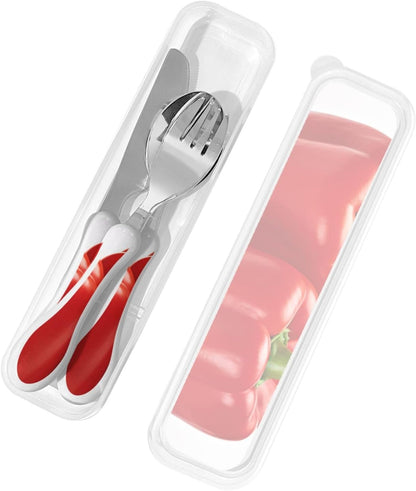 Stainless Steel Kids Silverware Set, Two Red Bell Peppers Utensil Set Reusable Children Safe Knife Spoon Fork Set With Storage Case Dishwasher Safe For Lunch, Travel Outdoors