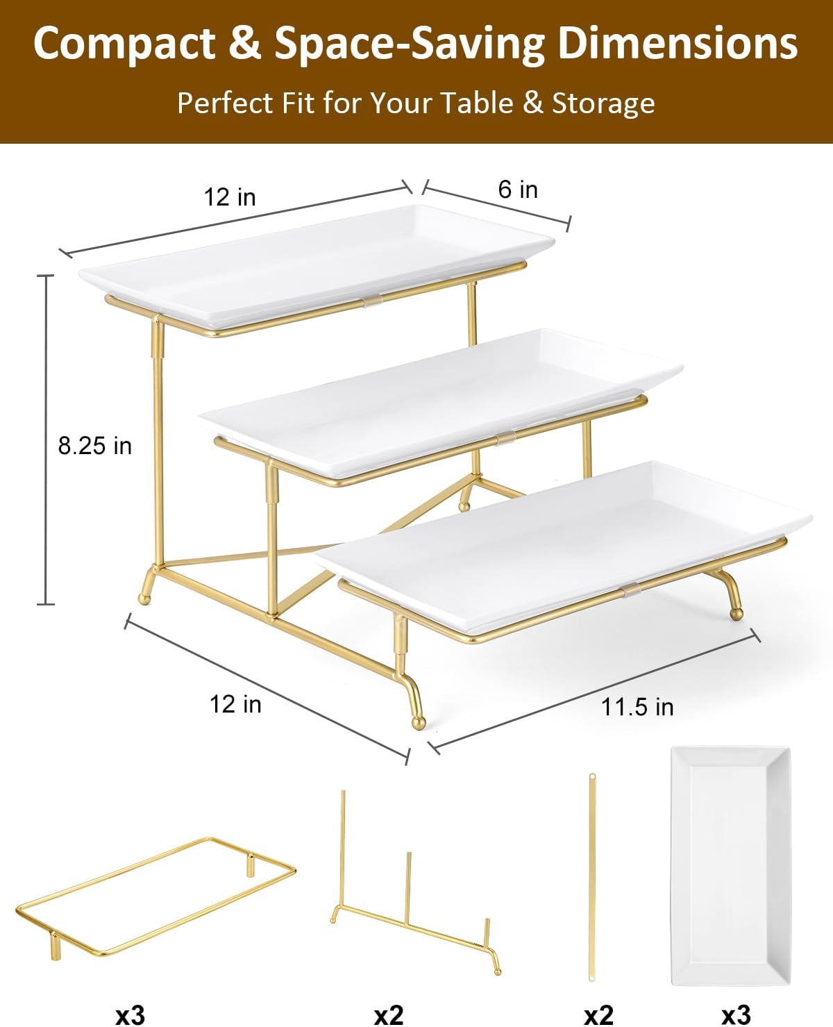 Yedio 3 Tier Serving Trays for Party, Porcelain Serving Platters and Trays, 12 Inch Tiered Tray Stand, Fruit Tray, Trays for Serving Food, White Dessert Stand with Collapsible Sturdier Metal Rack