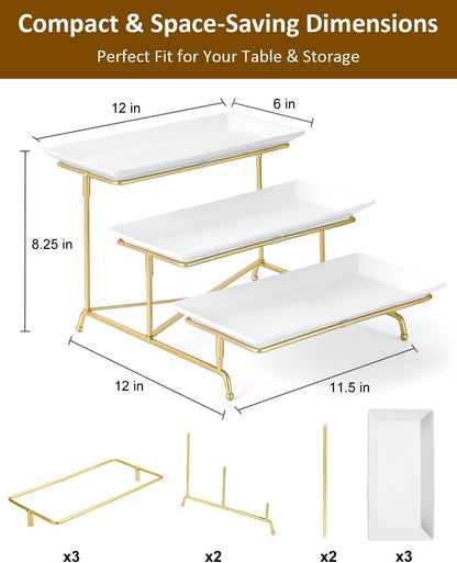 Yedio 3 Tier Serving Trays for Party, Porcelain Serving Platters and Trays, 12 Inch Tiered Tray Stand, Fruit Tray, Trays for Serving Food, White Dessert Stand with Collapsible Sturdier Metal Rack