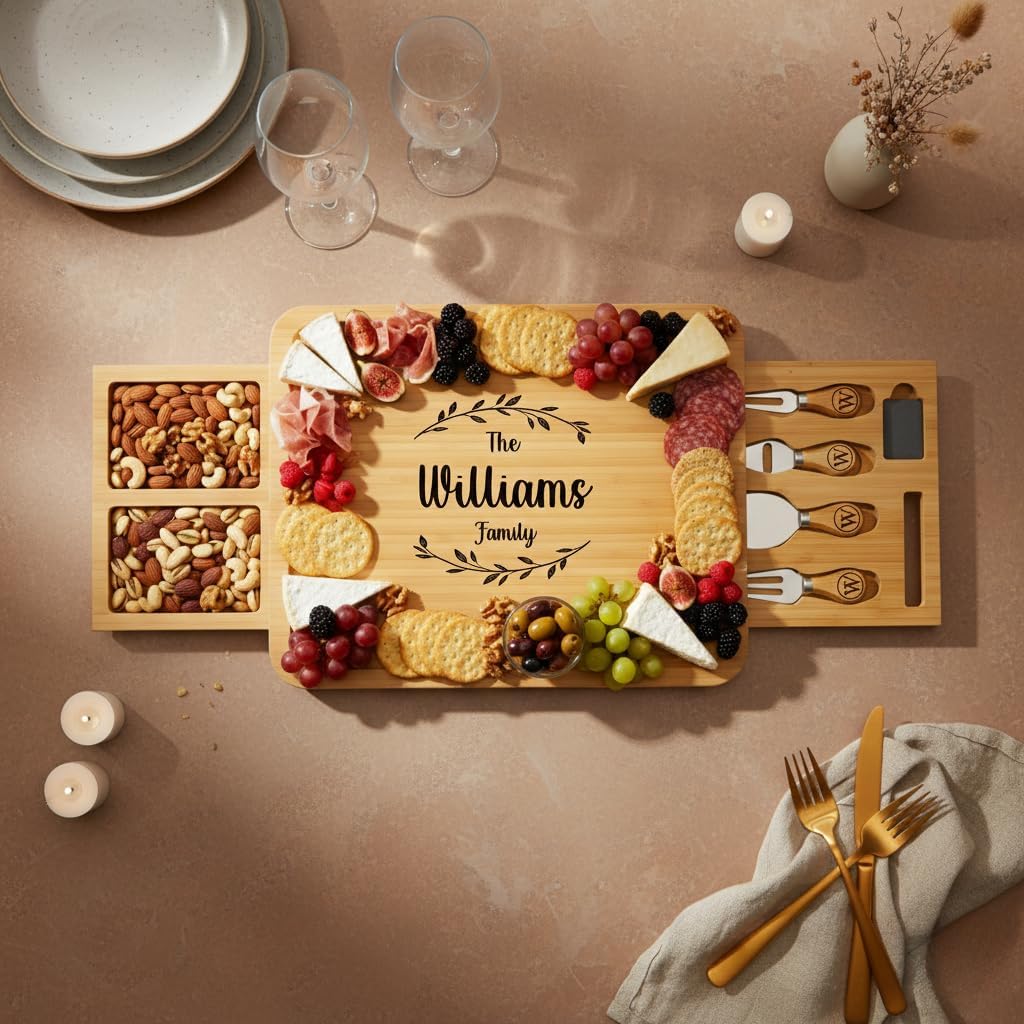 Personalized Charcuterie Board Set with Two Drawers, Custom Engraved Bamboo Cheese Board, Christmas, Wedding and Housewarming Gift for Couples, Anniversary and Bridal Shower