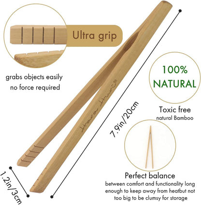 Bamboo Toaster Tongs - Set of 2 Reusable Heat Resistant Wooden Toast Tongs - 8 Inches Long Natural Toaster Tong Bamboo - Useful Kitchen Utensil for Serving Pickle Muffin Bread Tong - HaraHuri