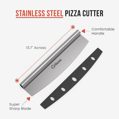 Chef Pomodoro Stainless 14 inch Pizza Cutting Board, Pizza Cutter Combo Set