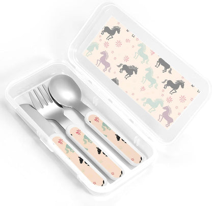 3-Piece Kids Silverware Set, Stainless Steel Reusable Children Safe Knife Spoon Fork Set With Storage Case Cute Horse Children Flatware Set For Kids Lunch Box