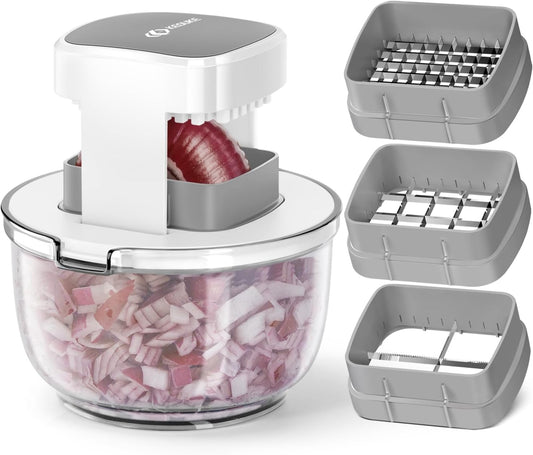 KEOUKE Multifunctional Vegetable Chopper White - 3 Interchangeable Blades Potato French Fry Cutter with Container & Storage Box Food Chopper Dicer for Cucumber, Tomato, Carrot, Onion
