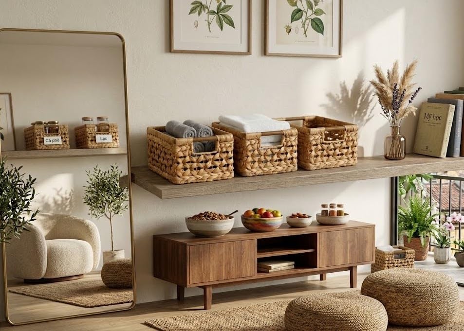 NAYA 11.6" Water Hyacinth Medium Wicker Shelf Basket – Storage Bin | Handwoven water hyacinth shelf basket with sturdy handles for pantry, towels and everyday home organization.