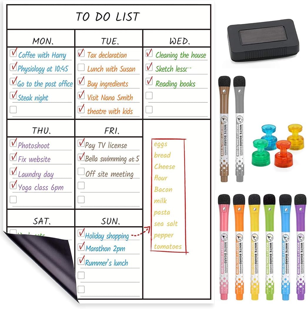 LUCYCAZ Magnetic to Do List Dry Erase Board for Fridge - Vertical Chore Board for Kids, Weekly Planning Boards for Family Chore Chart Whiteboard with 8 Markrs, 12''x17''(A3)