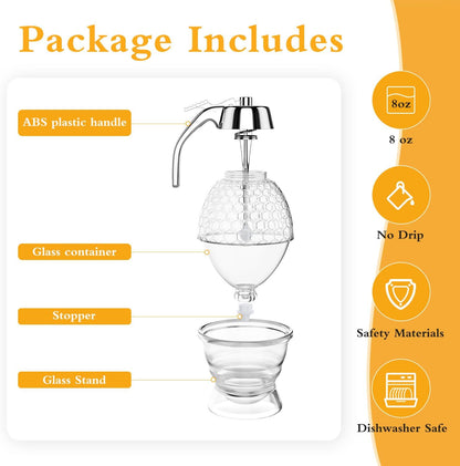 Honey Dispenser No Drip Glass 8 oz with Plastic Top, Beautiful Honeycomb Shaped Honey Jar with Stand - 6" Clear Container, Honey Pot, Maple Syrup Dispenser, Perfect Bee Decoration for Home Kitchen