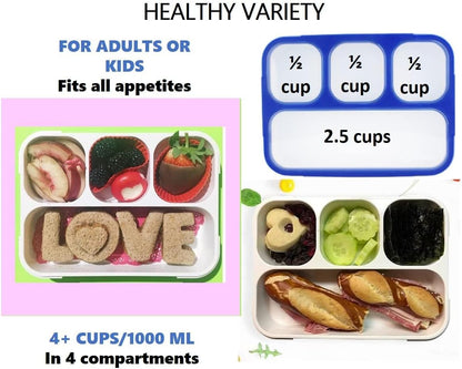 Bento Lunch Box for Kids or Adults, Snack Containers for Boys, Girls, School Daycare Work, 3 Divided Compartments Meal Planning Portion Control, BPA-Free Boxes, Utensils | Blue Purple 2 pack
