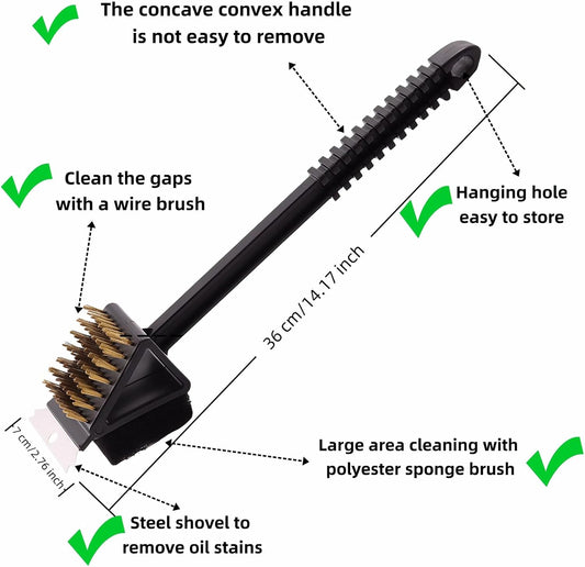 3-in-1 Grill Brush with Scraper & Scrub Pad, 14.5" Long Handle Brass Brush for BBQ Grill Cleaning, Heavy Duty Copper Bristles, Rust-Proof, Hanging Hook, Safe for Gas/Charcoal Grills