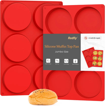 Redfly Silicone Egg Molds for Breakfast Sandwiches 2 Pcs, Non Stick 3 Inch Egg Bites Baking Pans, Silicone Muffin Pans for Baking, Round Muffin Top Pan for Whoopie Pie Pan, Tarts, Quiche
