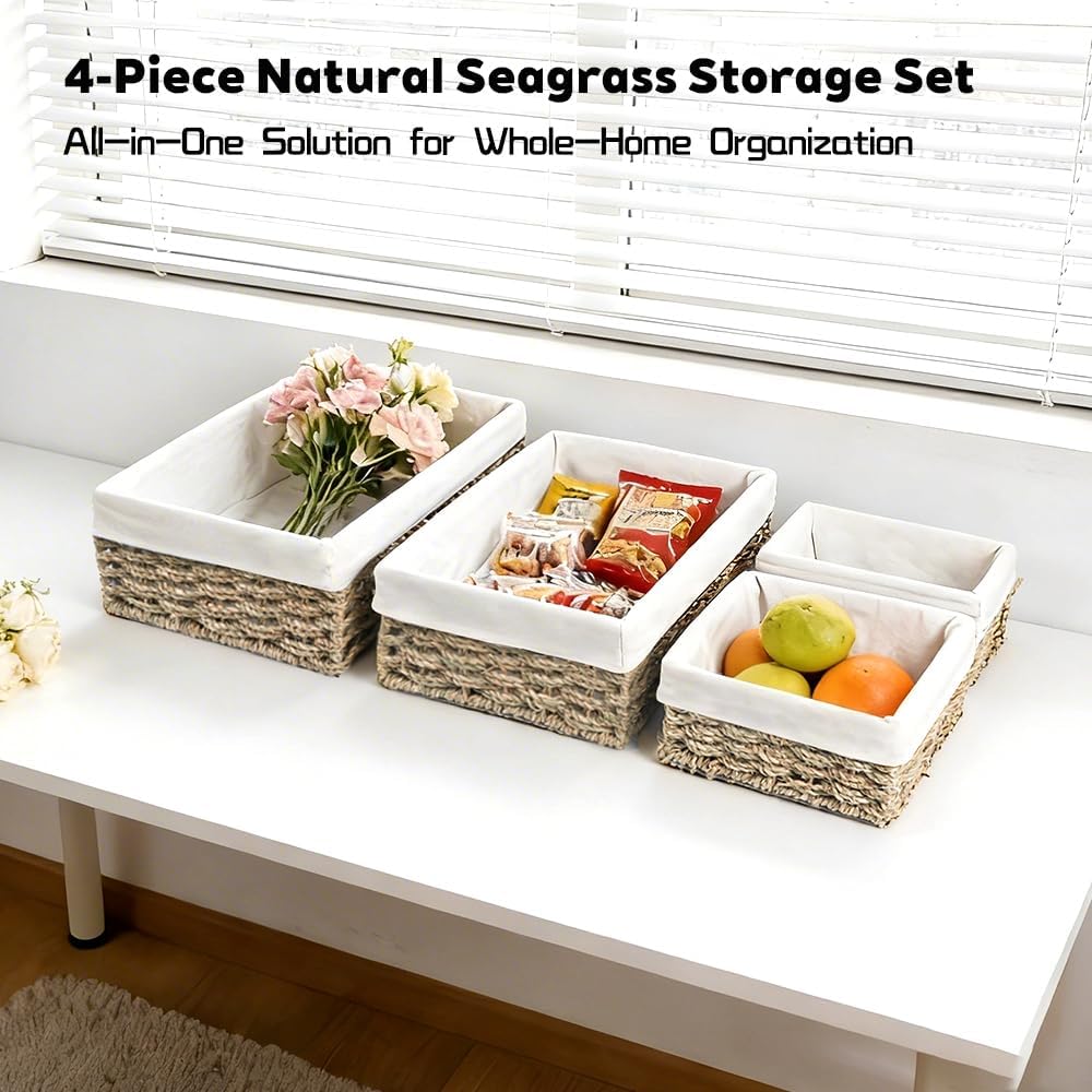 Water Hyacinth Shelf Baskets 4-Pack, Handwoven Wicker Bins with Removable Linen Liners – Divided Upper Compartment & Open Handles, Stackable for Pantry Bathroom Closet
