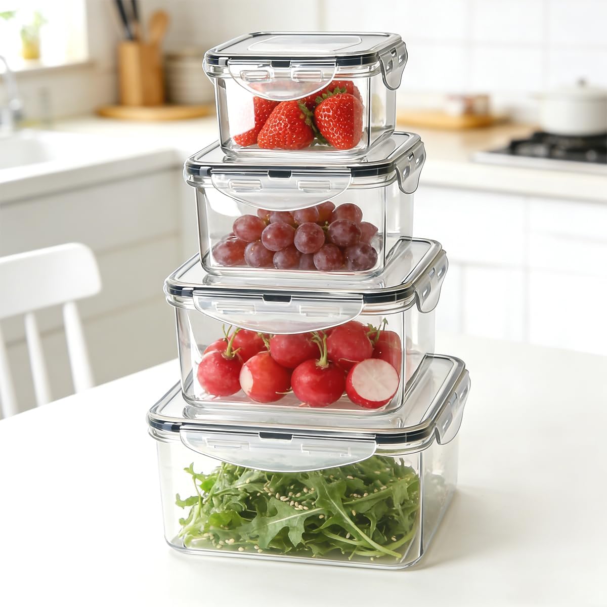 4 Pcs Food Storage Containers with Lids Airtight, 4 Sizes Sets(74oz+40.5oz+20oz+10oz), Plastic Meal Prep Containers, Dishwasher & Microwave & Refrigerator Safe, for Meal Prep & Freezer, Rectangular