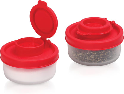SIGNORAWARE Salt and Pepper Shakers Moisture Proof Set of 2 Large Salt Shaker to go Camping Picnic Outdoors Kitchen Lunch Boxes Travel Spice Set Clear with Red Covers Lids Plastic Airtight Dispenser