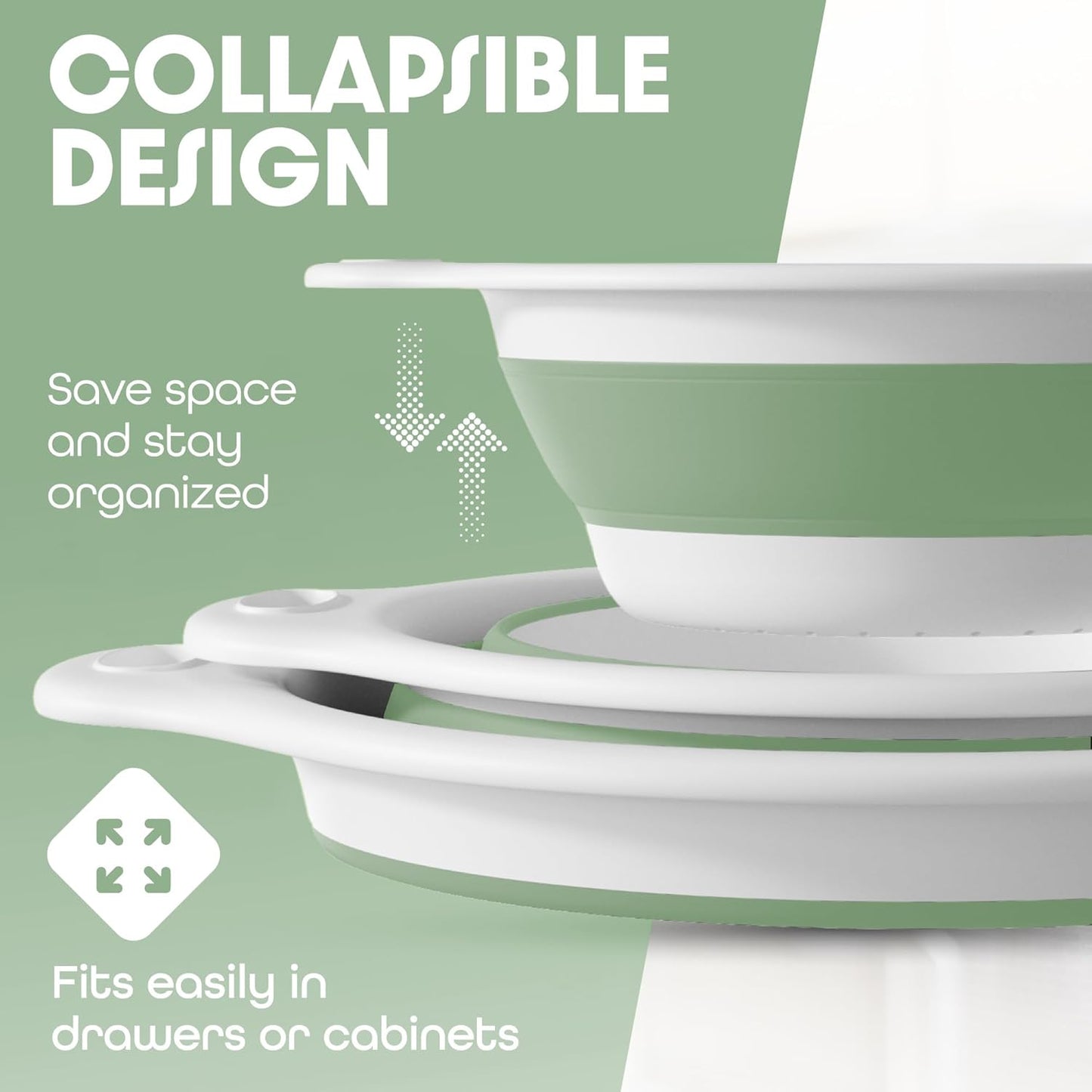 Gevoli 3-Pack Collapsible Colanders with Self-Draining Base, Over Sink-edge Silicone Food Strainers, Small/Med/Large Sizes, Nesting for Easy Compact Storage (3Qt, 4Qt, 5-Quart Set) Green/Gray