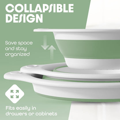 Gevoli 3-Pack Collapsible Colanders with Self-Draining Base, Over Sink-edge Silicone Food Strainers, Small/Med/Large Sizes, Nesting for Easy Compact Storage (3Qt, 4Qt, 5-Quart Set) Green/Gray