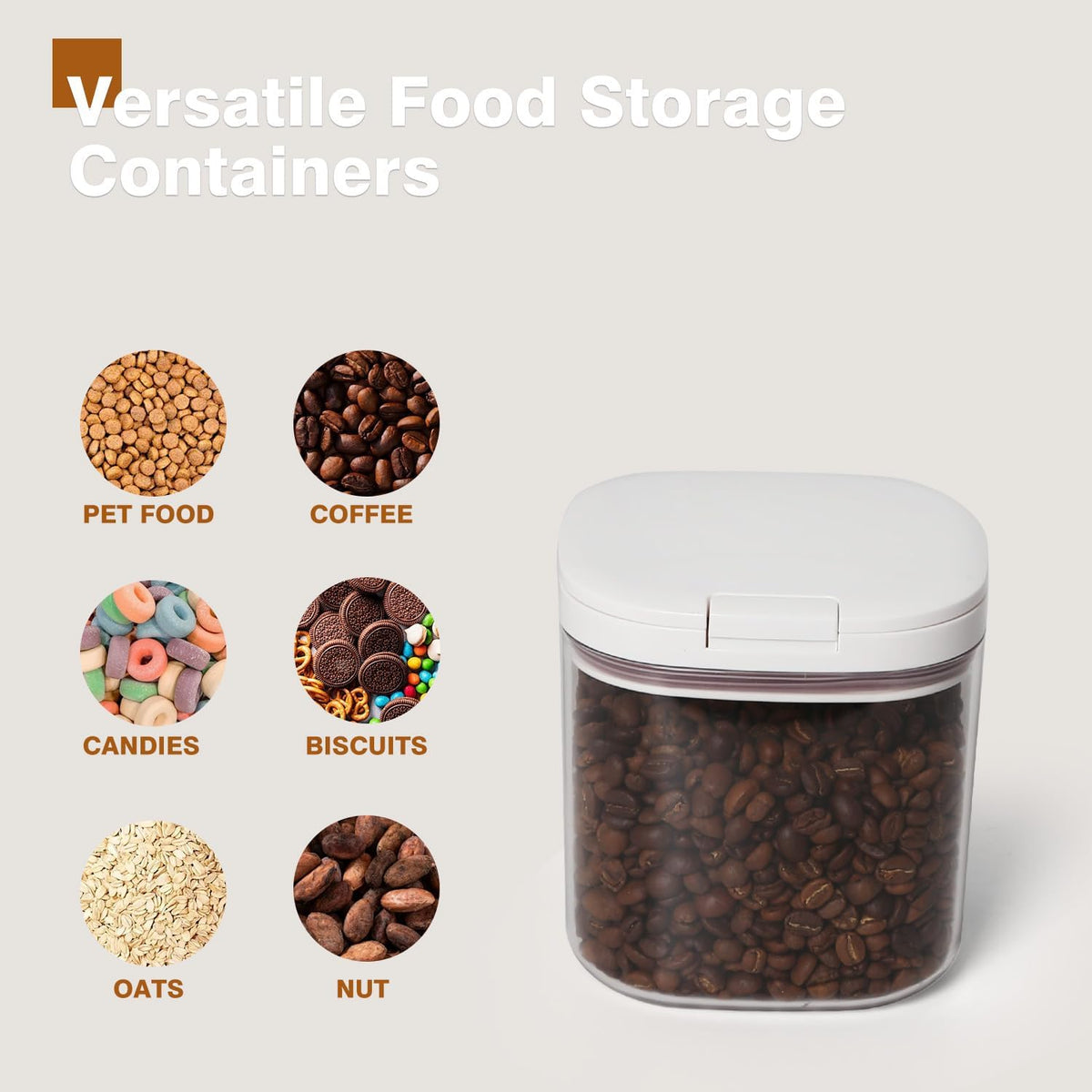LivLab Mker Cereal Containers with Pop Lid - 1.0L/1.0 Qt Food Storage Dispenser Grain Bin for Candy, Grain, Rice and Snacks, Household for Kitchen Pantry Organization, White
