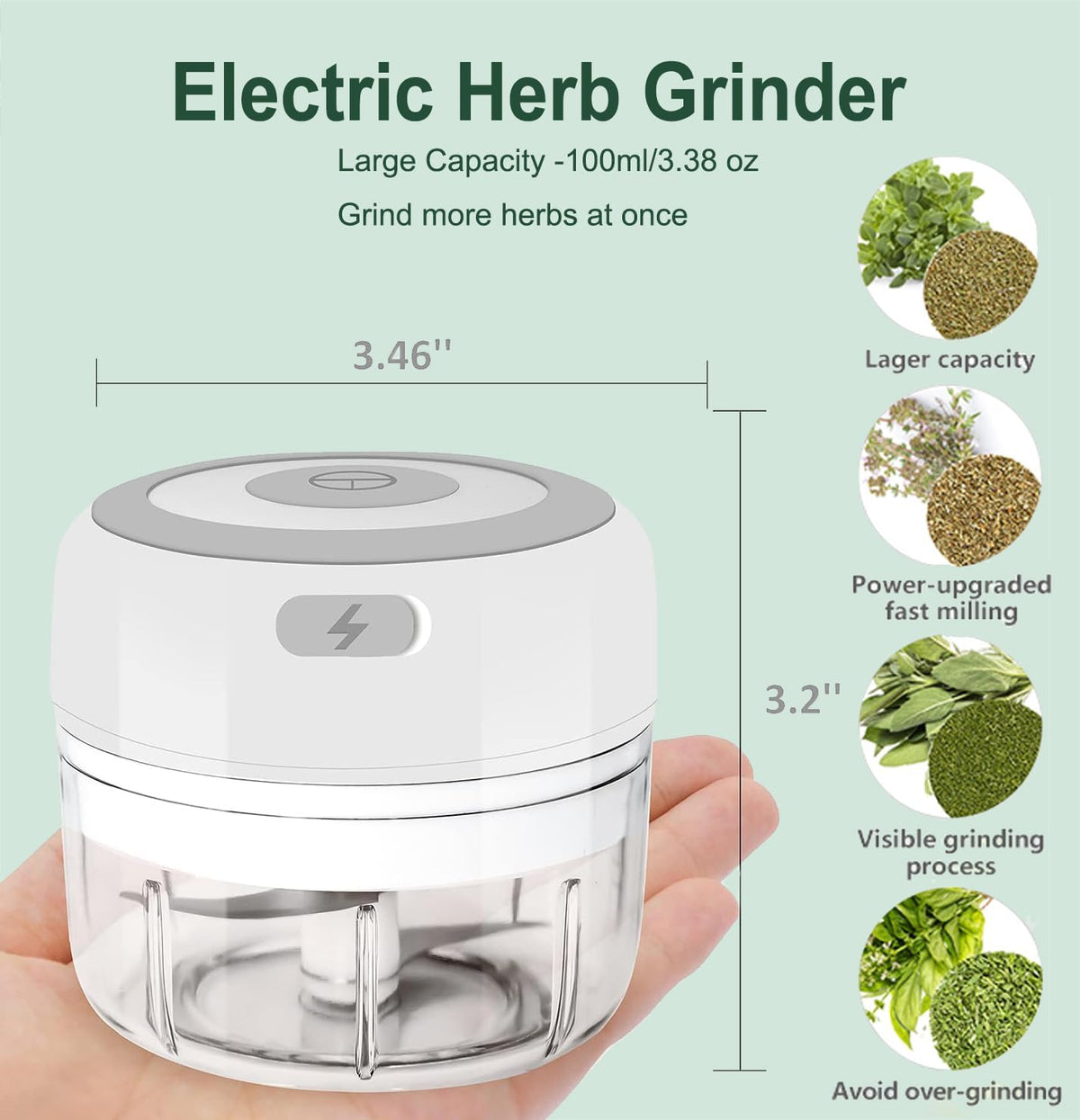 Electric Herb Grinder with Mini Scoop & Brush - 3.5-Inch 3.4oz USB Cordless, Adjustable Coarse to Fine Grind for Spices/Garlic/Herbs - Waterproof Portable Food Chopper (Green)