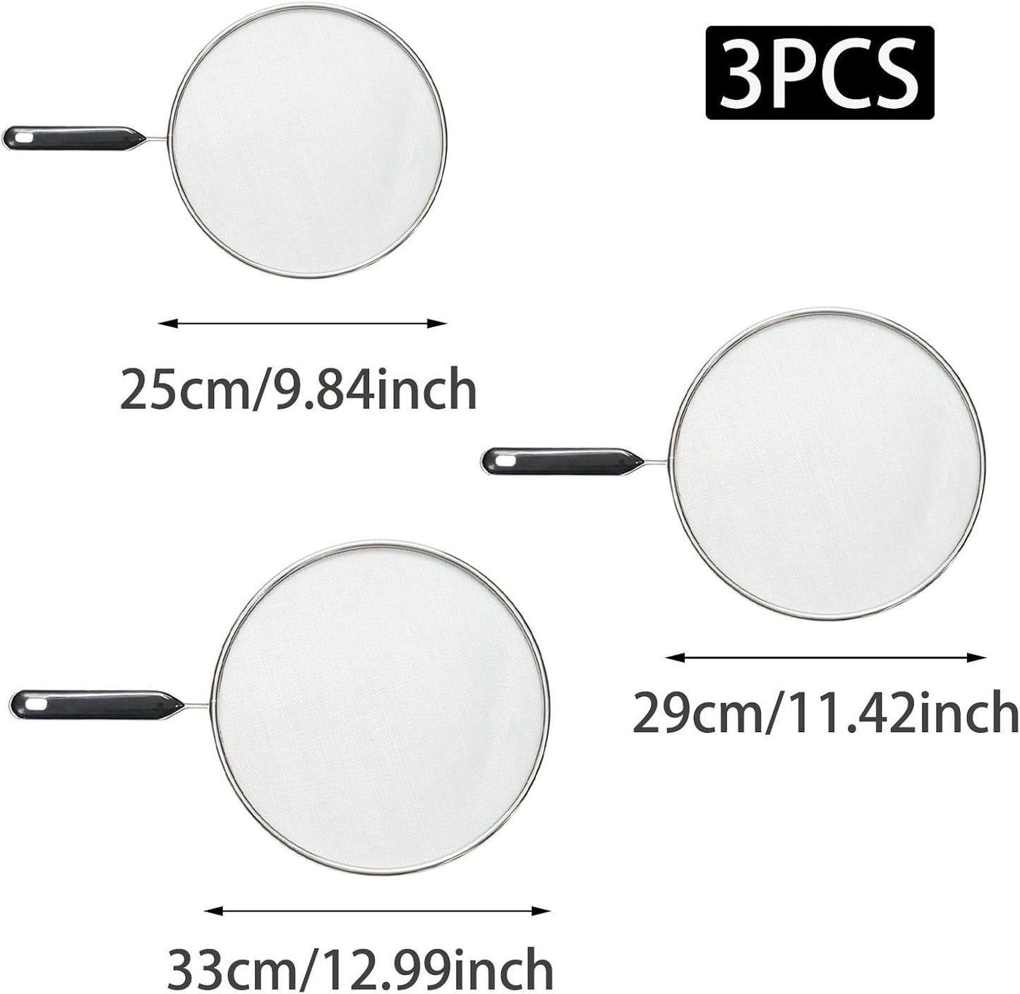 3 Pcs Splatter Screen for Frying Pan with Silicone Handle (9.8", 11.4", 13"), Stainless Steel Grease Splatter Guard for Kitchen Frying Pan Cooking to Prevent Oil Splatters