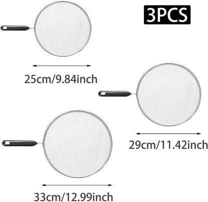 3 Pcs Splatter Screen for Frying Pan with Silicone Handle (9.8", 11.4", 13"), Stainless Steel Grease Splatter Guard for Kitchen Frying Pan Cooking to Prevent Oil Splatters