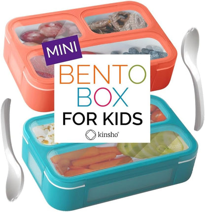 Small Snack Containers for Kids Toddlers - 3 Compartments (Set of 2) - Leak-Proof Reusable Boxes with Lids - BPA-Free Plastic Mini Bento Lunch Box - Holds 2 Cups Capacity (Pastel Blue+Teal Sparkle)
