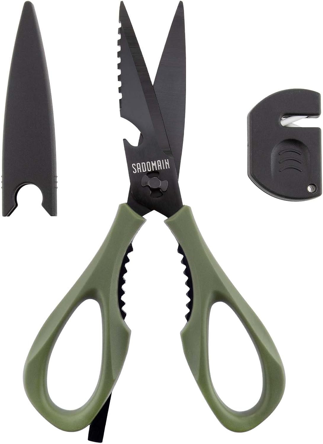 Kitchen Scissors All Purpose, Extra Sharp Kitchen Shears with Knife Sharpener & Sheath, Solid & Durable Stainless Steel Scissors with ANTI-RUST Black Titanium Plated, Dishwasher Safe - Black
