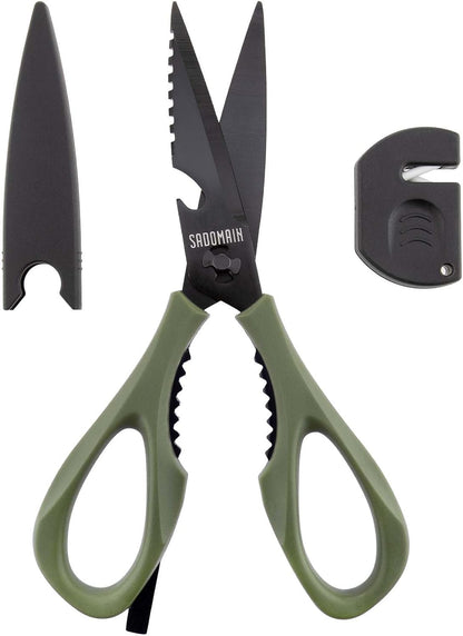 Kitchen Scissors All Purpose, Extra Sharp Kitchen Shears with Knife Sharpener & Sheath, Solid & Durable Stainless Steel Scissors with ANTI-RUST Black Titanium Plated, Dishwasher Safe - Black